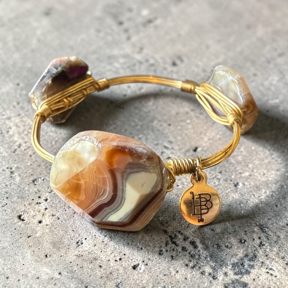 Bourbon and Bowties Gold Wire Wrapped‎ Agate Bracelet in Brown and Cream Boho